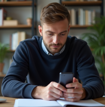 Homme en bureau regardant son smartphone avec code de vérification