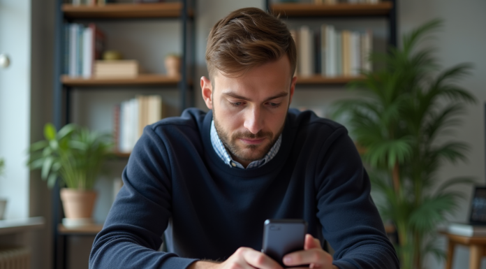 Homme en bureau regardant son smartphone avec code de vérification