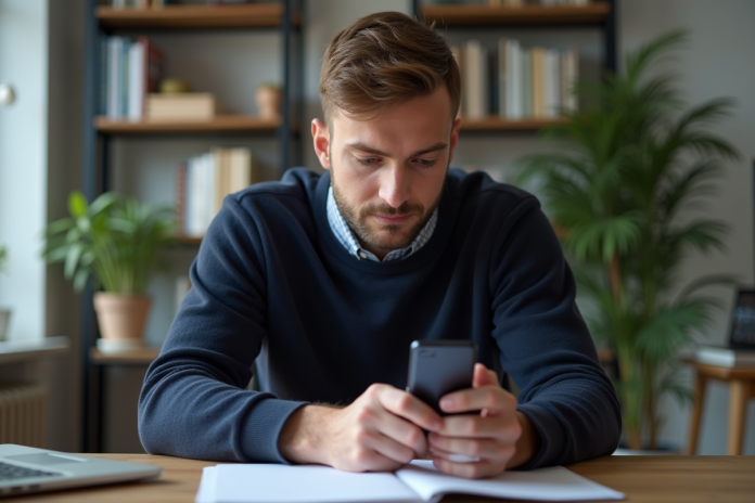 Homme en bureau regardant son smartphone avec code de vérification