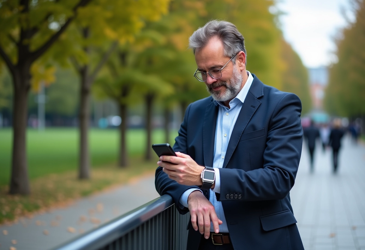 Homme d age moyen utilisant sa montre connectee en ville