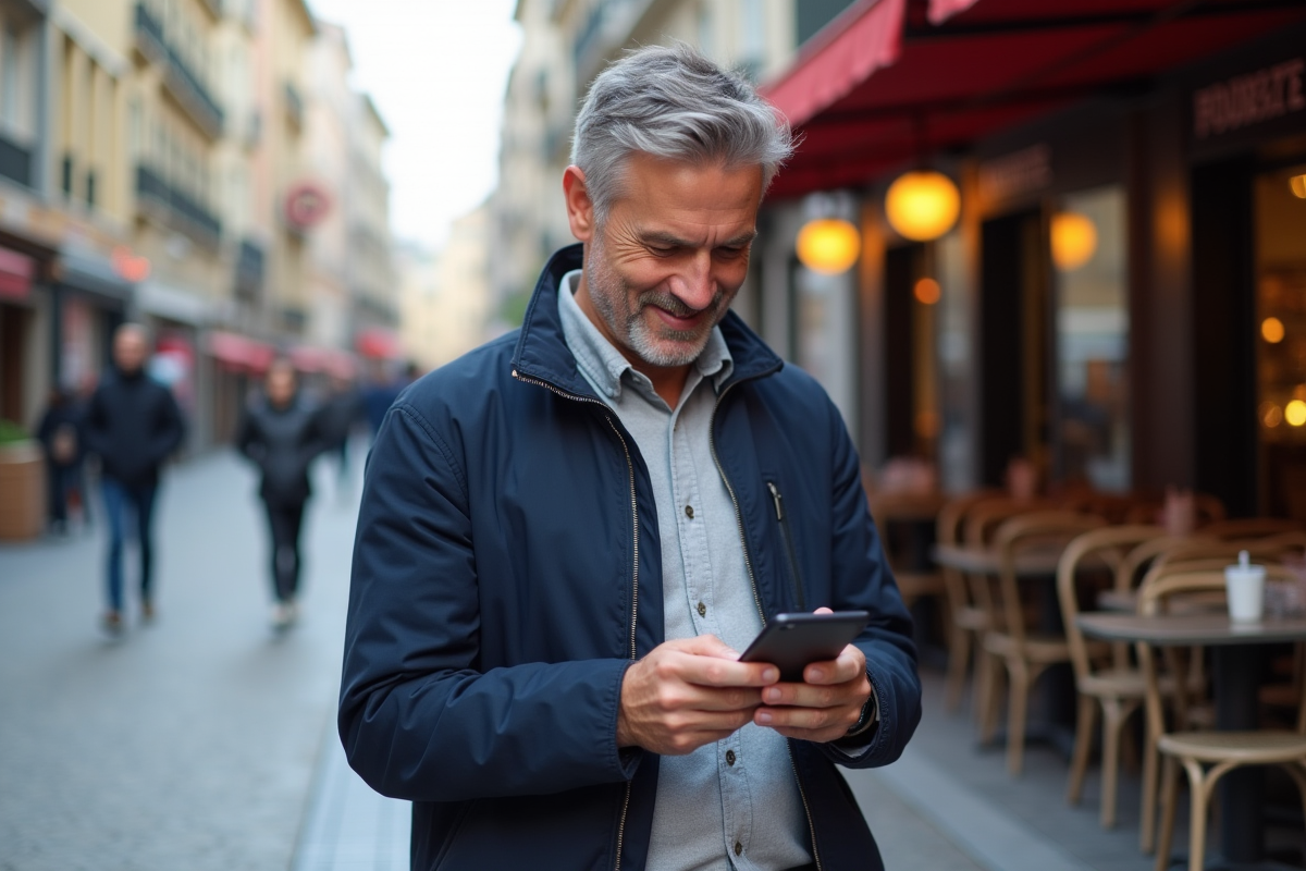 Homme examine un smartphone en ville devant un café animé
