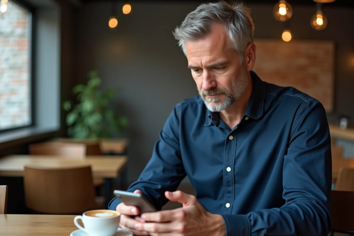 Homme supprimant l'historique Google sur un smartphone dans un café