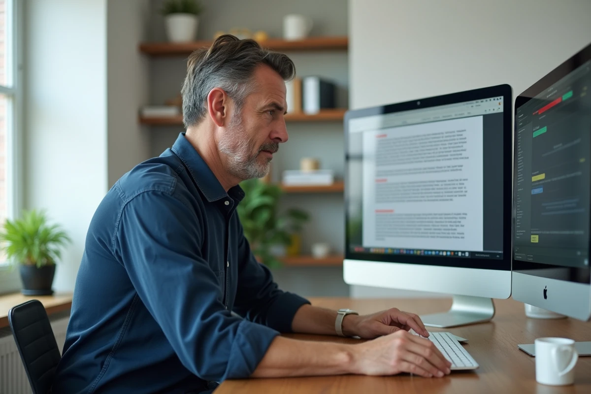 Homme en télétravail corrigeant un document professionnel avec un outil de correction grammaticale sur grand écran