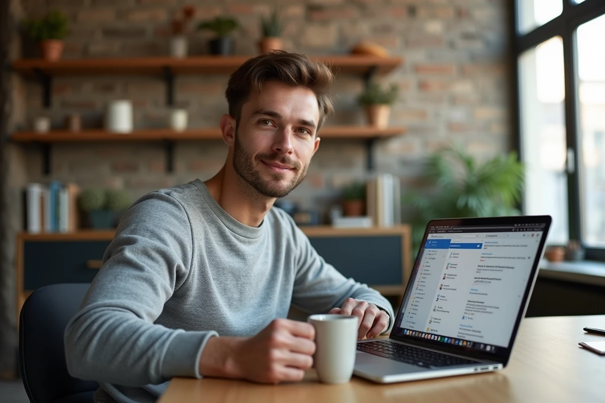 Homme en télétravail gérant ses emails professionnels IONOS sur laptop depuis son bureau à domicile