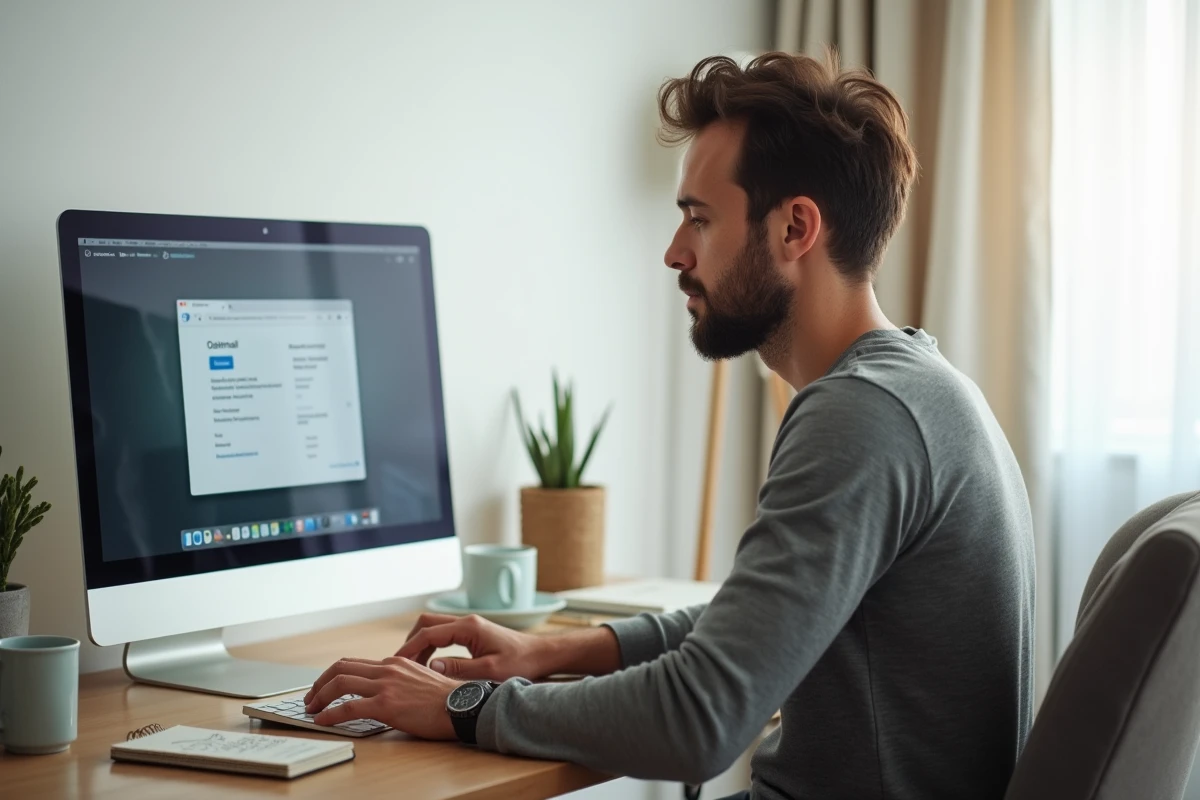Homme en télétravail mettant à jour la sécurité de son compte webmail depuis son bureau à domicile