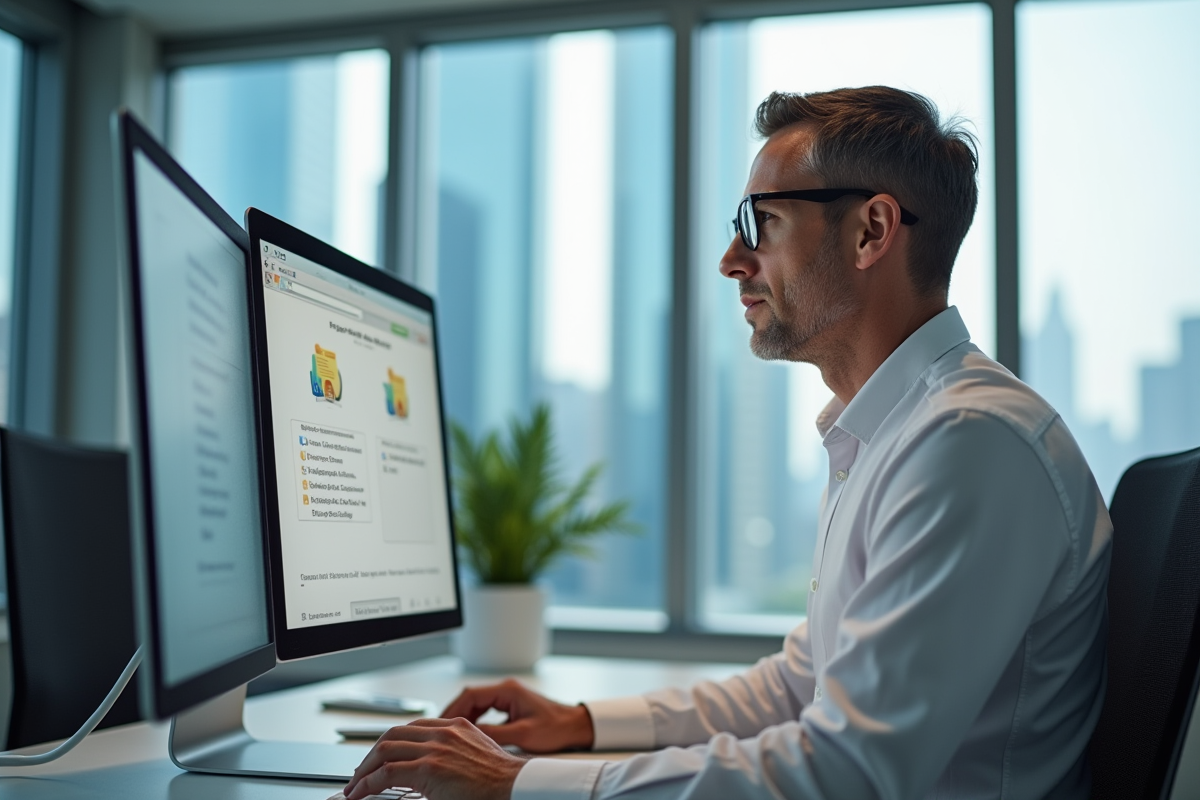 Homme d age moyen manipulant des fichiers sur un ordinateur au bureau