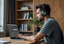 Durée idéale d’un podcast : conseils pour capter l’attention des auditeurs Homme concentré avec casque dans un bureau moderne