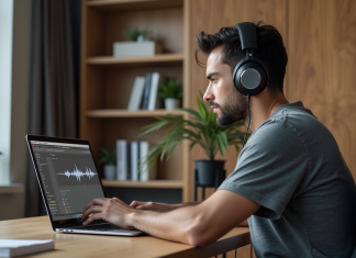 Durée idéale d’un podcast : conseils pour capter l’attention des auditeurs Homme concentré avec casque dans un bureau moderne