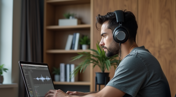 Homme concentré avec casque dans un bureau moderne