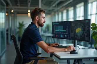 Ingénieur homme en polo bleu et chinos beige travaillant sur algorithmes