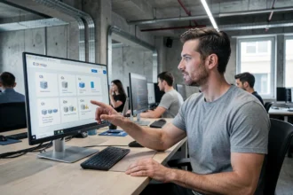 Ingénieur informatique comparant les unités de stockage Go, GB et Gbit sur un écran de bureau moderne