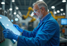 Ingénieur en blouse bleue examinant un grand panneau industriel