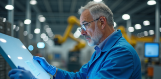Fabrication des écrans pour la sphère : qui sont les fabricants ? Ingénieur en blouse bleue examinant un grand panneau industriel