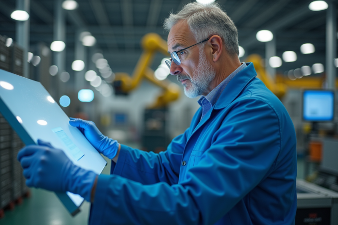 Ingénieur en blouse bleue examinant un grand panneau industriel