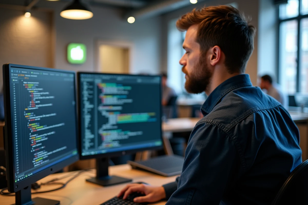 Ingénieur logiciel analysant une liste Python avec append sur deux écrans dans un bureau open space