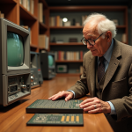 Ingénieur âgé examinant un processeur vintage des années 1940
