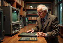 Processeur d’ordinateur : Découvrez le plus ancien de l’histoire informatique ! Ingénieur âgé examinant un processeur vintage des années 1940