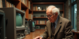 Ingénieur âgé examinant un processeur vintage des années 1940