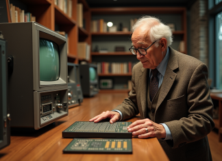 Ingénieur âgé examinant un processeur vintage des années 1940