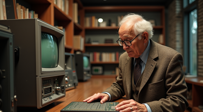 Ingénieur âgé examinant un processeur vintage des années 1940