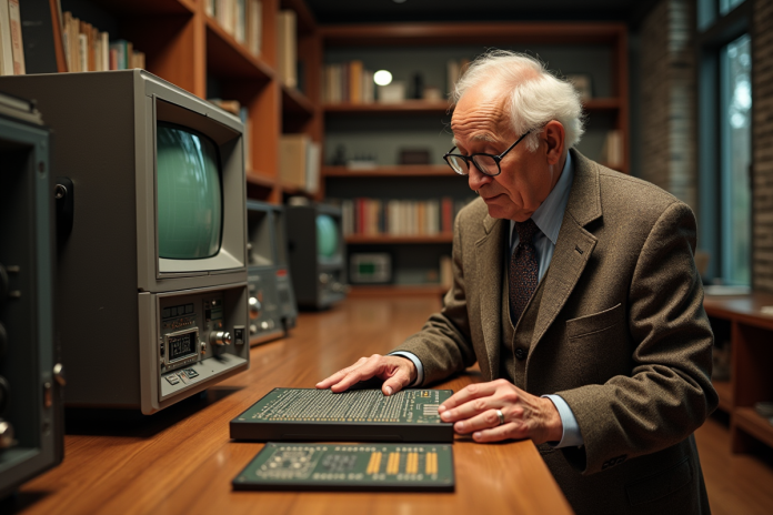 ingenieur-vieux-ordinateur-vintage Ingénieur âgé examinant un processeur vintage des années 1940