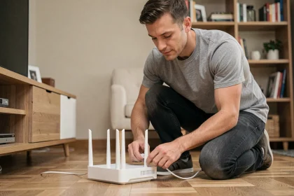Homme installant la box SFR Fibre en la connectant au sol dans un salon moderne