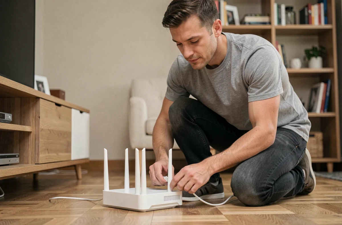 Homme installant la box SFR Fibre en la connectant au sol dans un salon moderne
