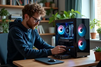 Jeune homme installant une carte graphique dans un PC