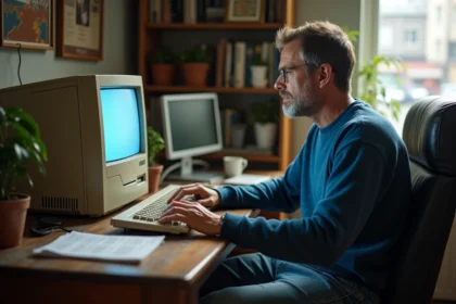 Homme d'âge moyen installant Windows 7 sur un vieux PC