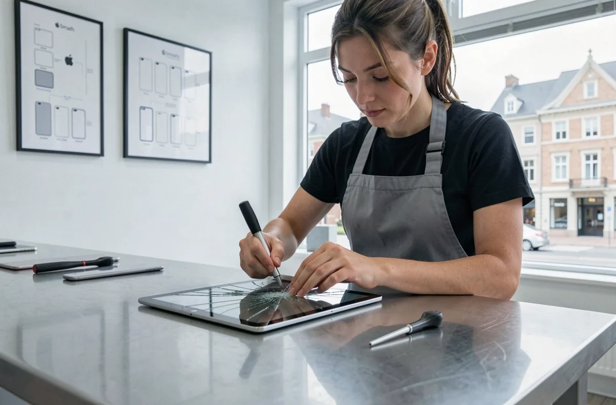 Technicienne iSmash Chantilly remplaçant l'écran d'un iPad sur un établi en inox dans la boutique spécialisée Apple du sud de l'Oise
