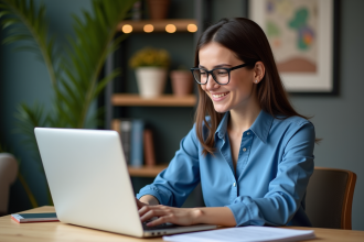 Jeune femme d'affaires analysant des données marketing au bureau