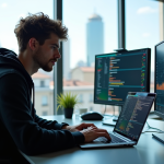 Jeune data engineer travaillant dans un bureau lumineux avec écrans colorés