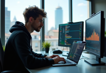 Jeune data engineer travaillant dans un bureau lumineux avec écrans colorés