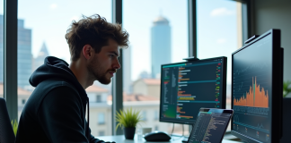 Jeune data engineer travaillant dans un bureau lumineux avec écrans colorés