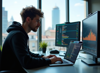 Jeune data engineer travaillant dans un bureau lumineux avec écrans colorés