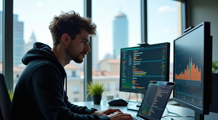 Jeune data engineer travaillant dans un bureau lumineux avec écrans colorés