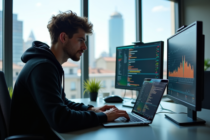 jeune-data-engineer-bureau Jeune data engineer travaillant dans un bureau lumineux avec écrans colorés