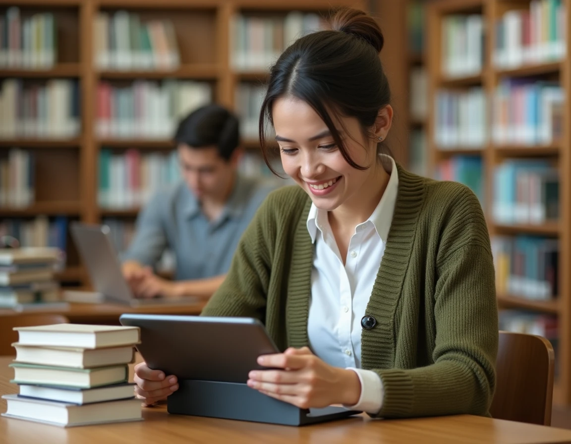 Jeune enseignante consultant ses emails académiques de Dijon sur une tablette dans une bibliothèque scolaire