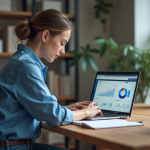 Audit SEO gratuit : comment l’effectuer afin d’optimiser son site web ? Jeune femme analysant un tableau de bord SEO dans un bureau moderne