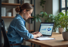 Audit SEO gratuit : comment l’effectuer afin d’optimiser son site web ? Jeune femme analysant un tableau de bord SEO dans un bureau moderne