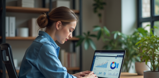 Audit SEO gratuit : comment l’effectuer afin d’optimiser son site web ? Jeune femme analysant un tableau de bord SEO dans un bureau moderne