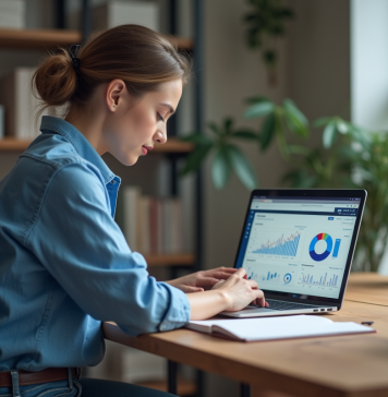 Audit SEO gratuit : comment l’effectuer afin d’optimiser son site web ? Jeune femme analysant un tableau de bord SEO dans un bureau moderne