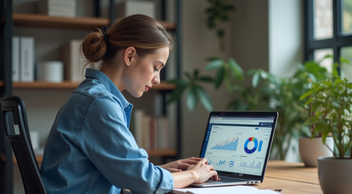 Audit SEO gratuit : comment l’effectuer afin d’optimiser son site web ? Jeune femme analysant un tableau de bord SEO dans un bureau moderne