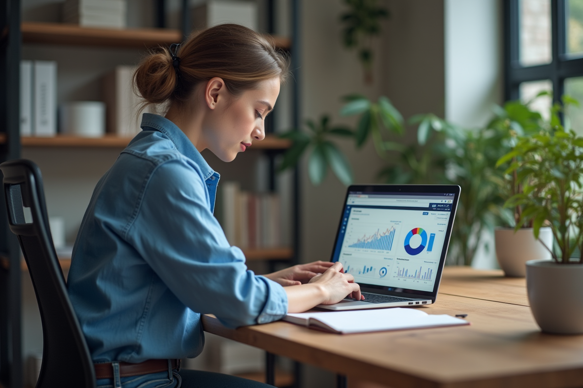 Jeune femme analysant un tableau de bord SEO dans un bureau moderne