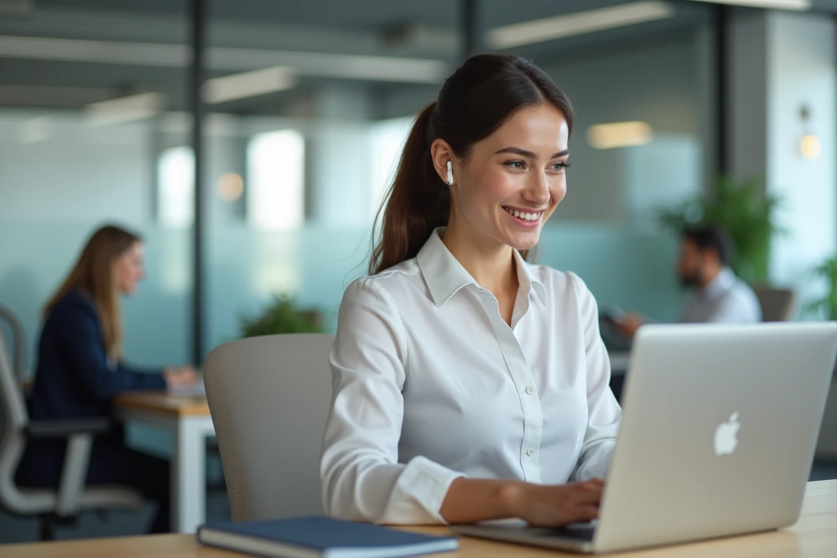 Jeune femme au bureau souriante et concentrée sur son ordinateur