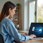 Jeune femme au bureau avec ordinateur portable et espace lumineux
