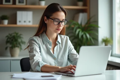 Jeune femme professionnelle travaillant sur un ordinateur dans un bureau moderne