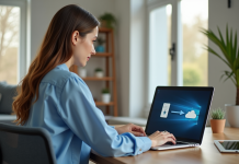 Jeune femme au bureau avec ordinateur portable et espace lumineux