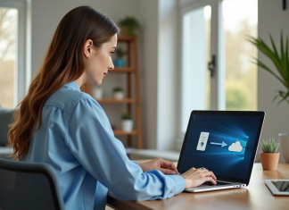 Jeune femme au bureau avec ordinateur portable et espace lumineux