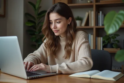 Jeune femme en bureau tapant sur clavier d'ordinateur
